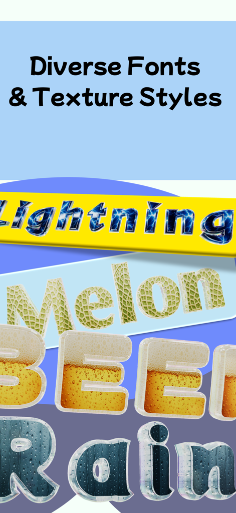 3D Text Lab - 3D Logo Maker - Showcase of diverse 3D fonts and texture styles including lightning melon beer and rain designs