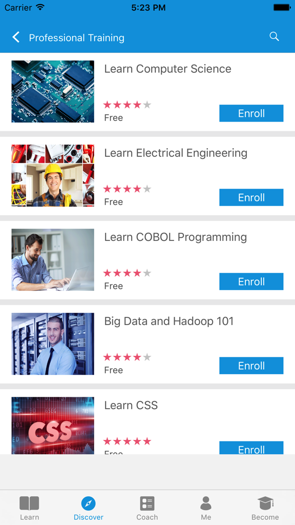 電気工学やコンピュータサイエンスなどの専門研修コースを表示する「発見」画面。
