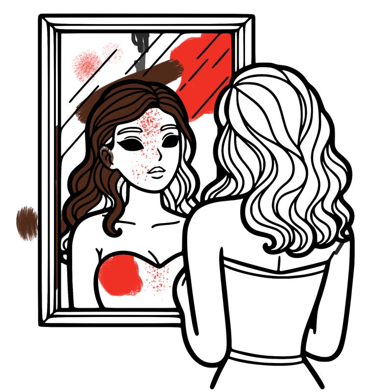 a woman looking at herself in the mirror.