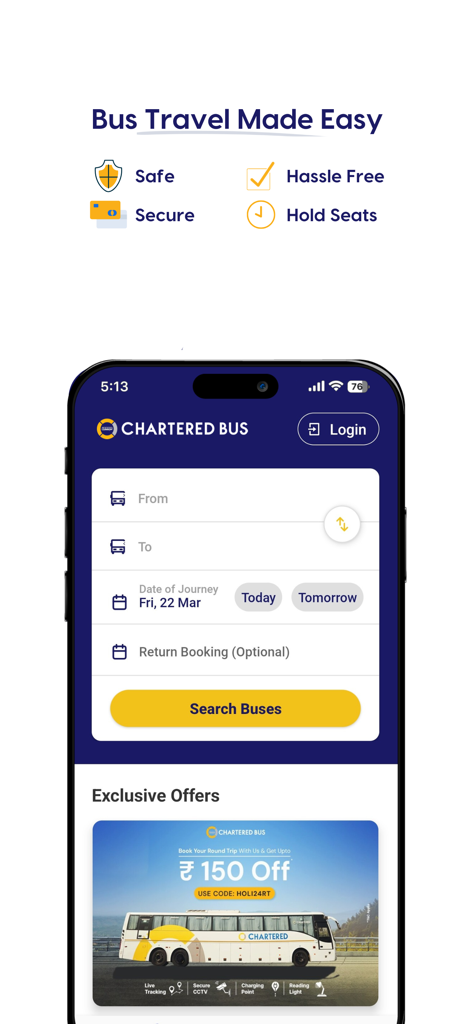 Chartered Bus - Chartered Bus mobile app home screen showing ticket search fields and a promotional discount banner for bus travel in India