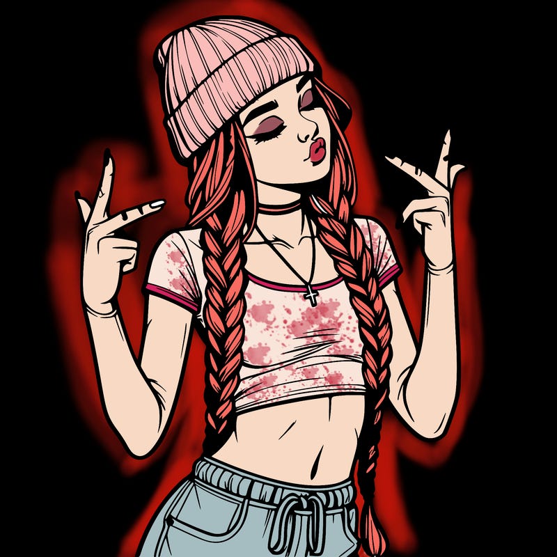 realistic teenage girl with braids and a beanie and crop top doing 🫶🏼