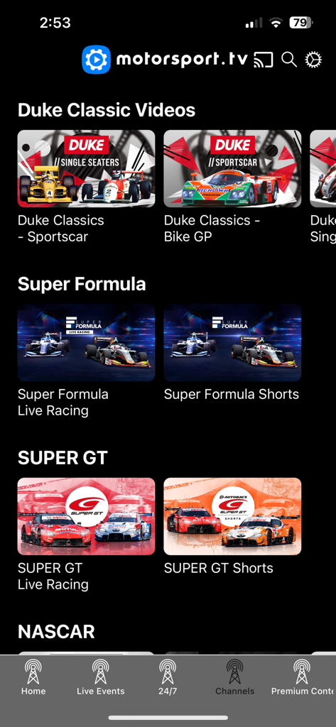 Motorsport.tv app home screen displaying categories for Super Formula, Super GT, and Duke Classic racing videos.