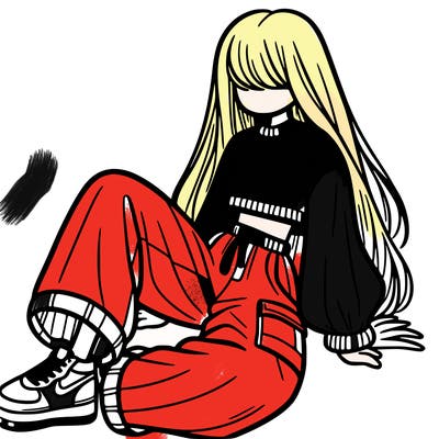 a girl with baggy pants and a crop top with long hair