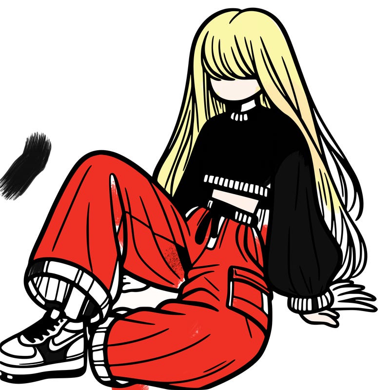 a girl with baggy pants and a crop top with long hair
