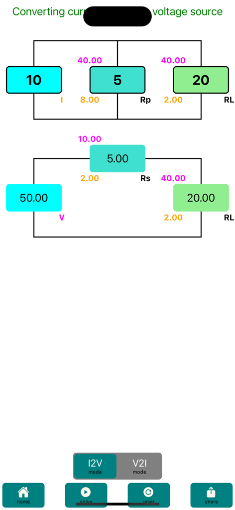 Interfaccia dell'app che mostra un diagramma di trasformazione da sorgente di corrente a sorgente di tensione.