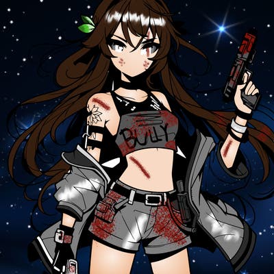 bad girl wearing crop top holding a gun long hair anime