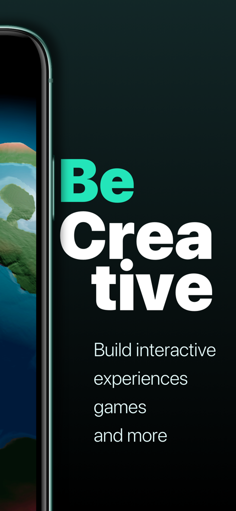 Codea - Una pantalla promocional para la aplicación Codea con el texto Sé Creativo y Crea experiencias interactivas, juegos y más.