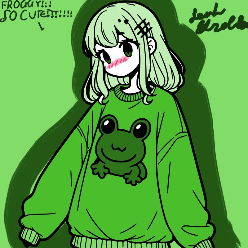 girl wearing frogging sweatshirt