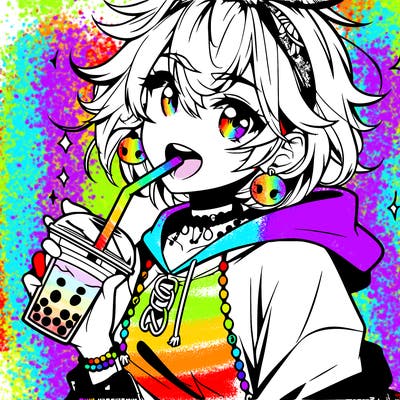 hot baddie anime girl drinking boba and biting the straw