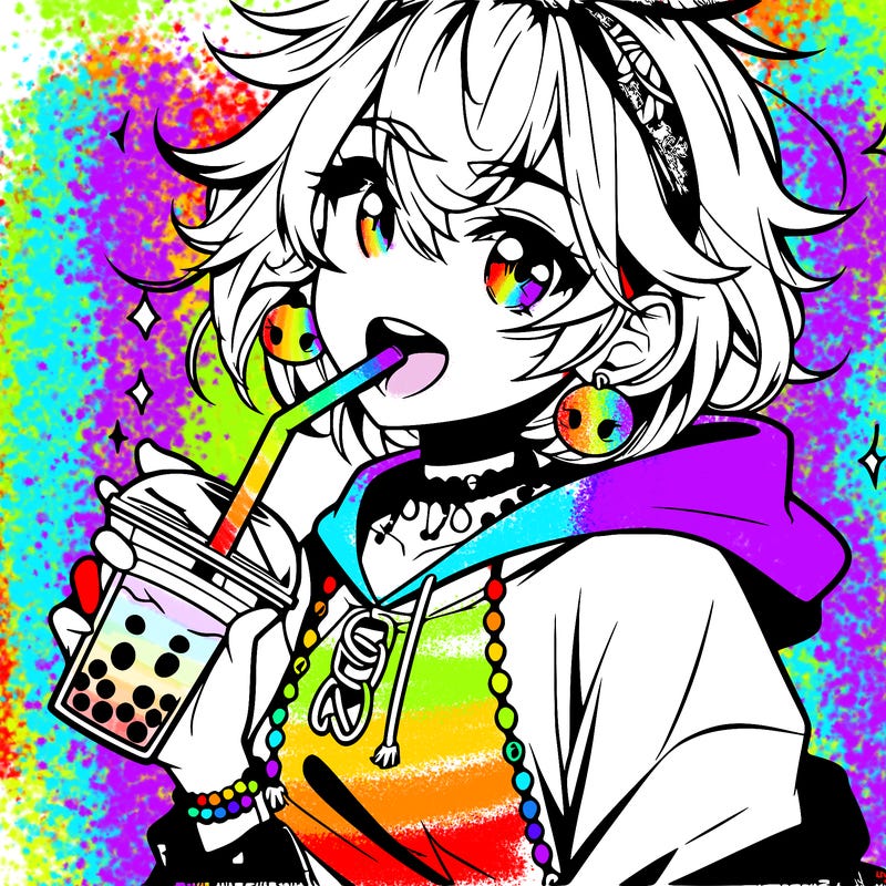 hot baddie anime girl drinking boba and biting the straw