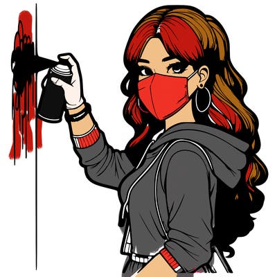 realistic girl with mask spray painting a wall