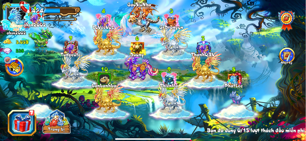 A group of various trained dragons standing on clouds in a lush fantasy landscape