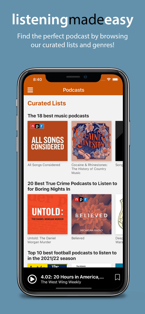Audiobooks from AudiobookSTORE app interface showing curated podcast lists including music and true crime genres.