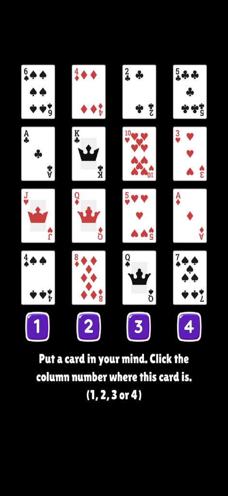 Magic Card Trick - Interface of Magic Card Trick app with playing cards organized in four columns and numbered buttons for selection.