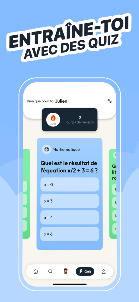 Plume - Fiches de revision - Interfaz de cuestionario interactivo de matemáticas en la aplicación de estudio Plume mostrando una pregunta de álgebra de opción múltiple para repaso de exámenes.