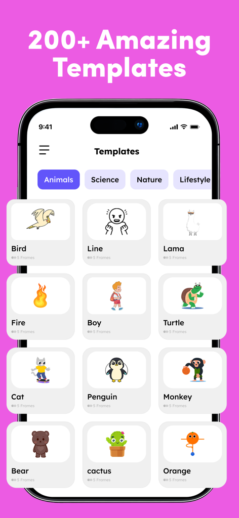 A library of over 200 animation templates featuring animals and characters in the Draw Animation app.
