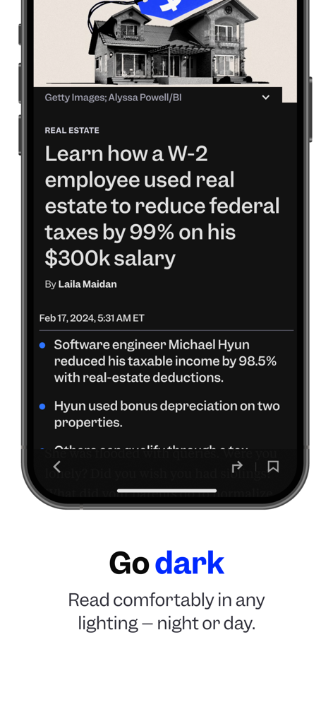 Interfaccia dell'app di Business Insider che mostra la funzione modalità scura con un articolo di notizie sulla riduzione delle tasse immobiliari