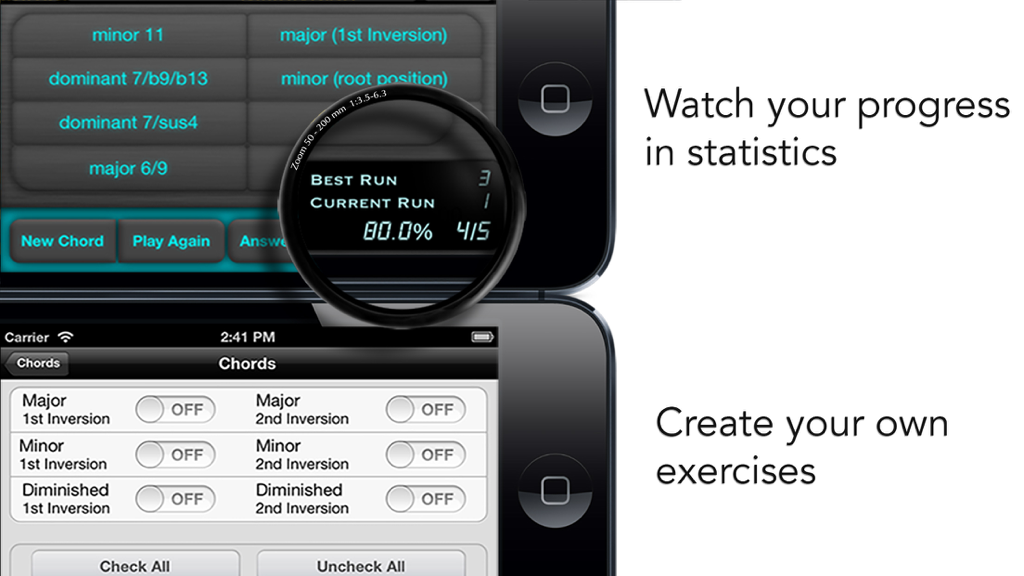 goodEar Pro - Ear Training - goodEar Pro app interface showing progress statistics and custom exercise setup