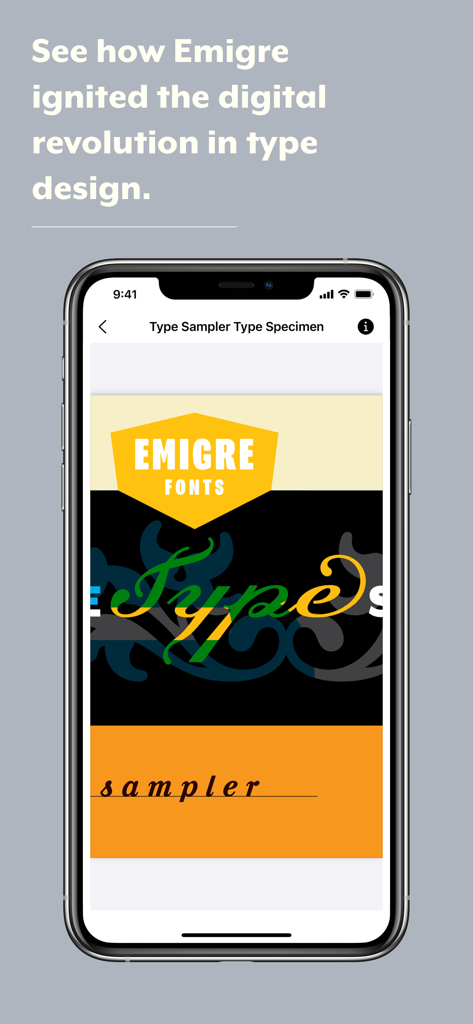 Emigre Fonts - Screenshot of the Emigre Fonts app displaying a graphic type sampler and typographic specimens on an iPhone.