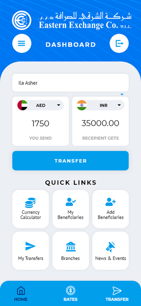 Eastern Exchange-Online Remit - Eastern Exchange app dashboard showing a money transfer interface from AED to INR with quick links for currency calculation and beneficiary management