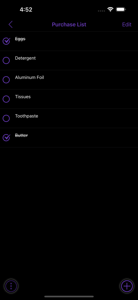 simple family accounting app purchase list screen showing a grocery list with items like eggs and detergent in dark mode