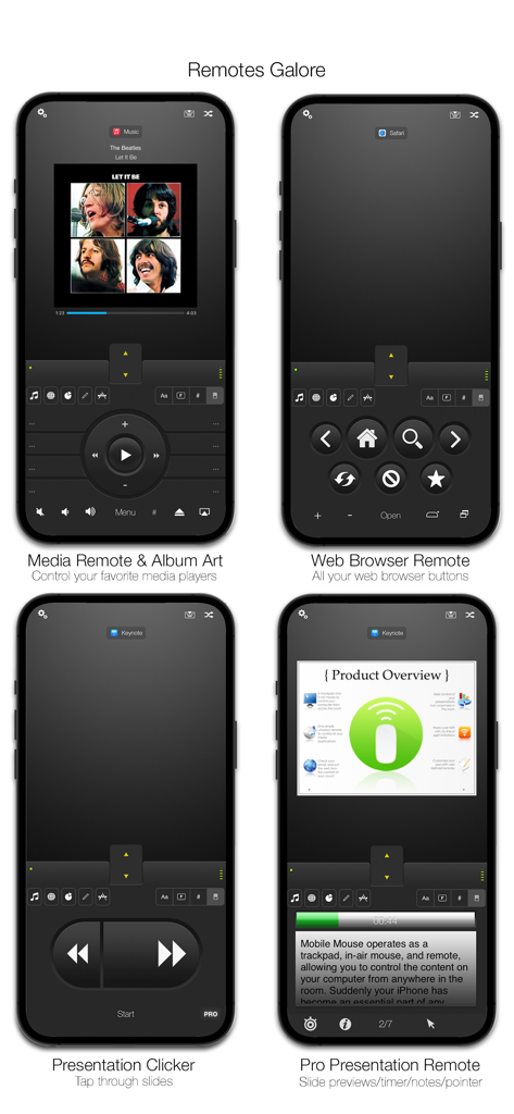 Cuatro pantallas de interfaz de la aplicación Mobile Mouse que muestran controles multimedia, navegador web y control de presentación.