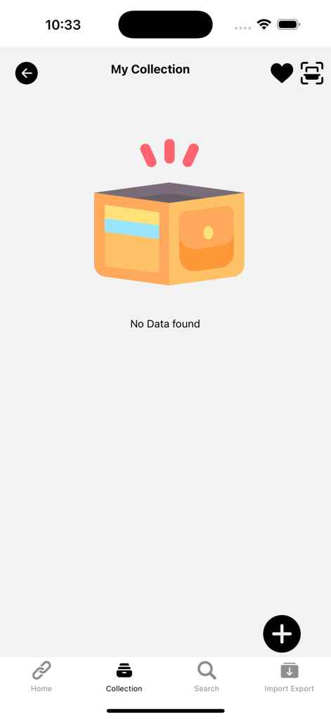 Empty My Collection screen in the Deeplink tester app showing no data found