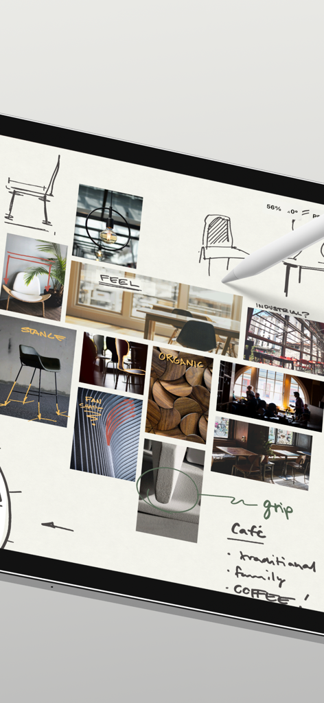 Concepts - Um mood board de design profissional com esboços e imagens de referência no aplicativo Conceitos.