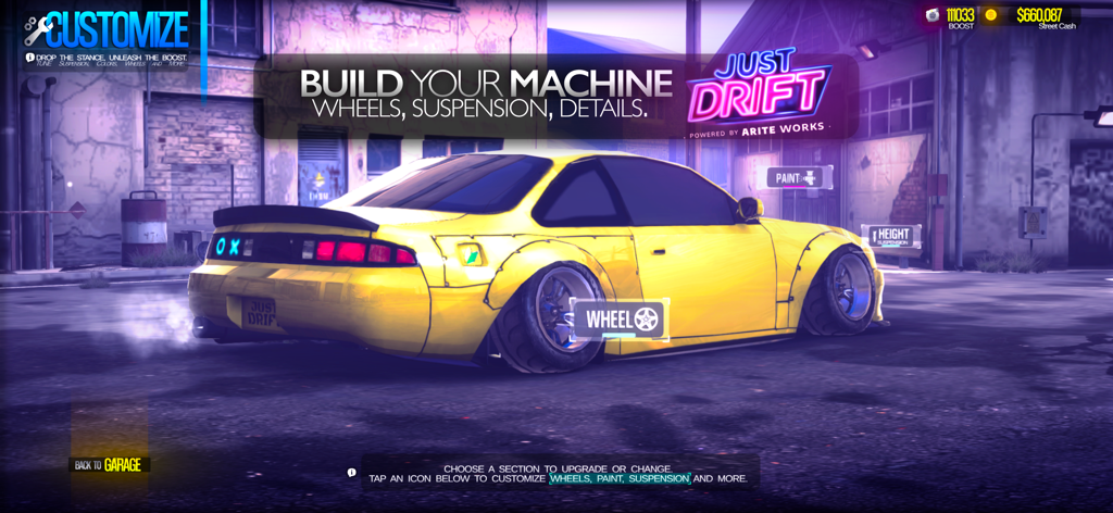 JDM: Just Drift Max - Um carro de drift amarelo sendo personalizado na tela de garagem do JDM Just Drift Max