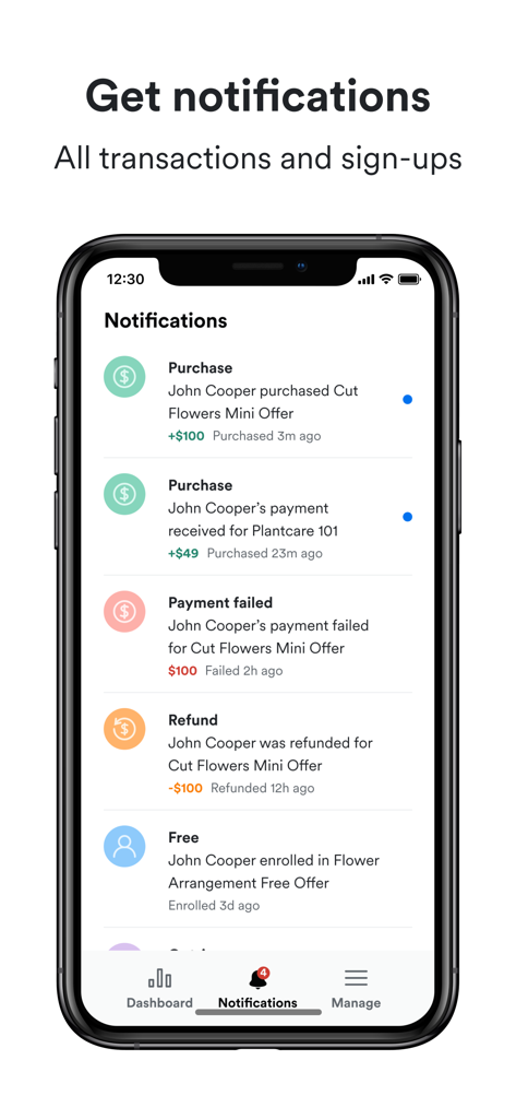Kajabi Creator - Screenshot dell'iPhone della schermata delle notifiche dell'app Kajabi Creator con aggiornamenti in tempo reale per acquisti di prodotti, fallimenti di pagamenti e nuove registrazioni di clienti