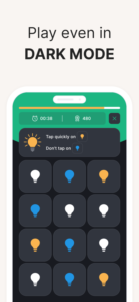 Propel ADHD brain training game interface shown in dark mode featuring a lightbulb pattern puzzle