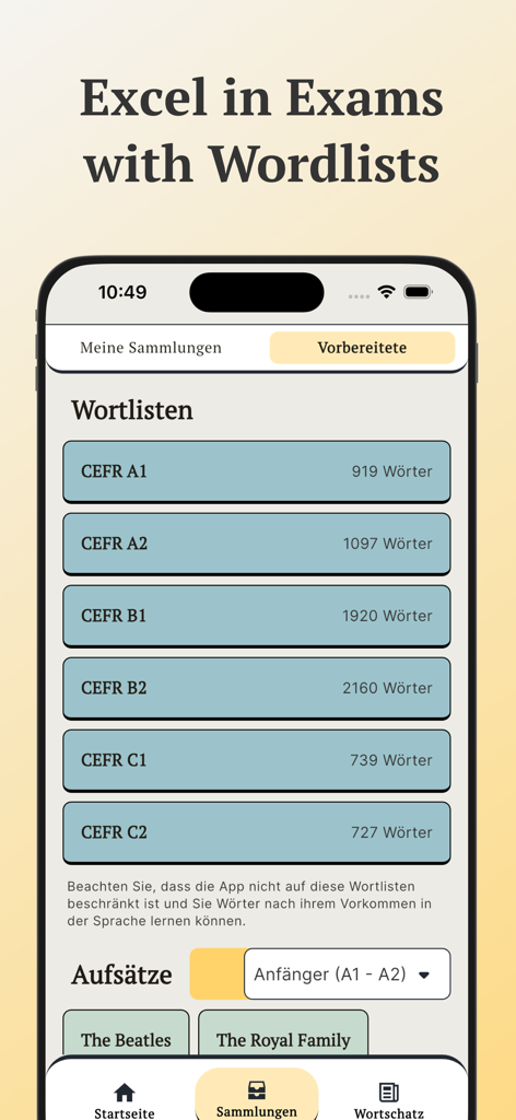 Vocabuo-App-Oberfläche mit kuratierten Vokabellisten, kategorisiert nach GER-Niveaus für die Prüfungsvorbereitung