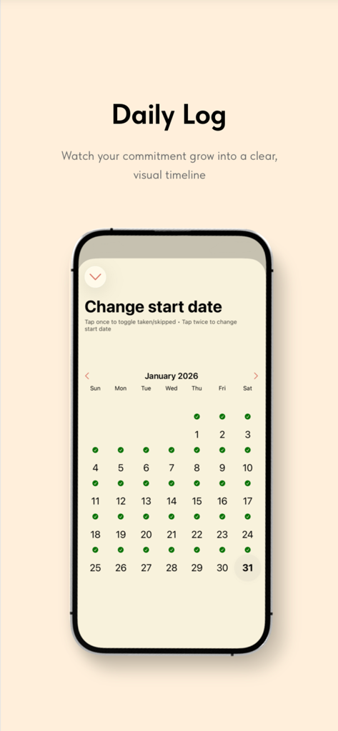 Iso - Pantalla de registro diario de la aplicación Iso mostrando una vista de calendario con puntos verdes que rastrean el progreso de la ingesta de medicación