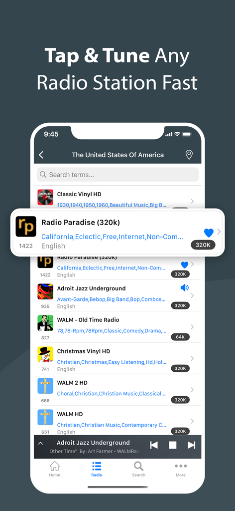 Una captura de pantalla móvil de la aplicación Radio Tuner que muestra una lista curada de emisoras de radio de EE. UU. que incluyen Jazz y Old Time Radio con una barra de búsqueda fácil de usar.