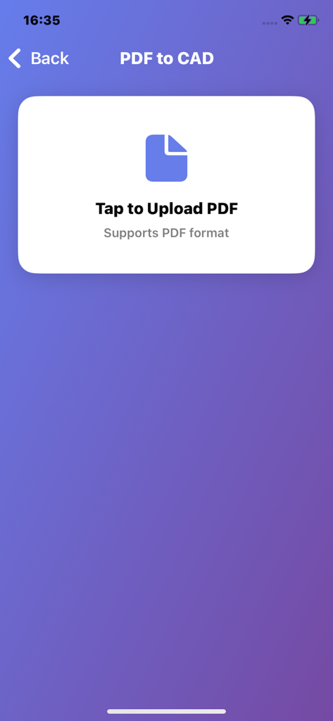 Image&PDF to CAD-CAD Converter - PDFからCADへのコンバーターアプリのインターフェース。変換のためにPDFファイルをアップロードするボタンを表示しています。