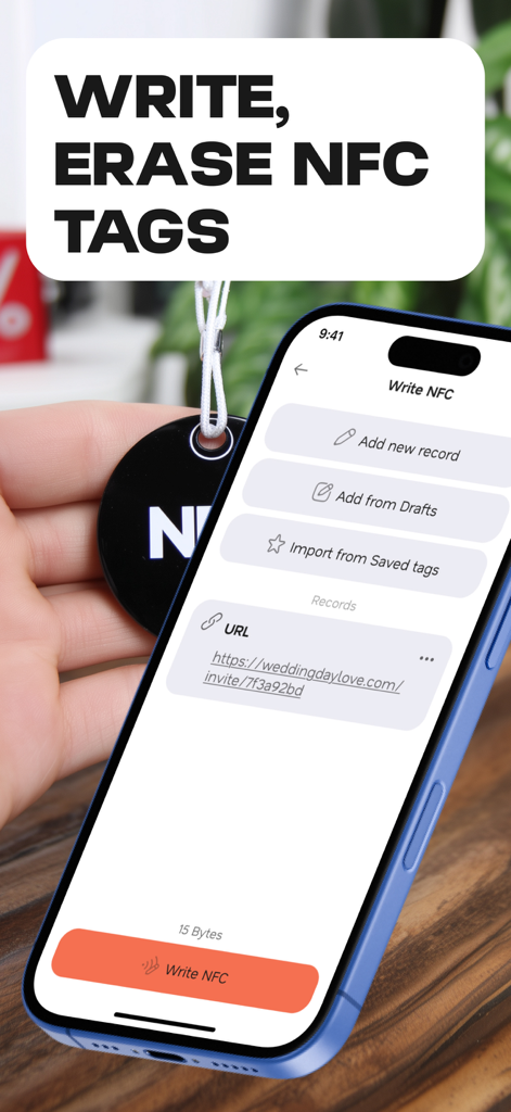 NFC Read & Scan - iPhone screen showing the Write NFC feature of the NFC Read and Scan app