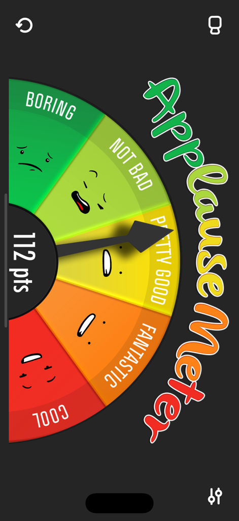 Applausemeter (clap-o-meter) - A colorful applause meter app screen with a needle pointing to the pretty good level and animated faces