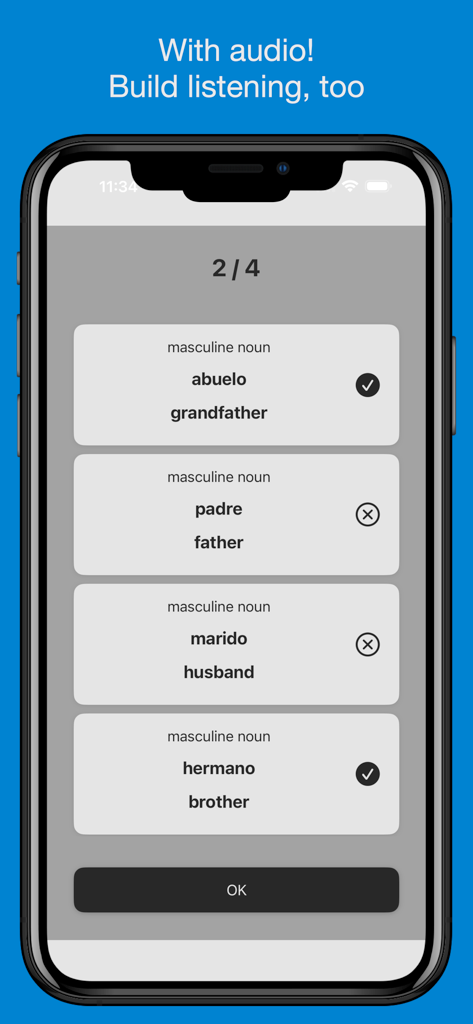 Pro - Basic Spanish Vocabulary - Mobile app quiz screen for learning Spanish family vocabulary words with audio feature