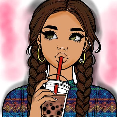 realistic girl with braided hair drinking boba