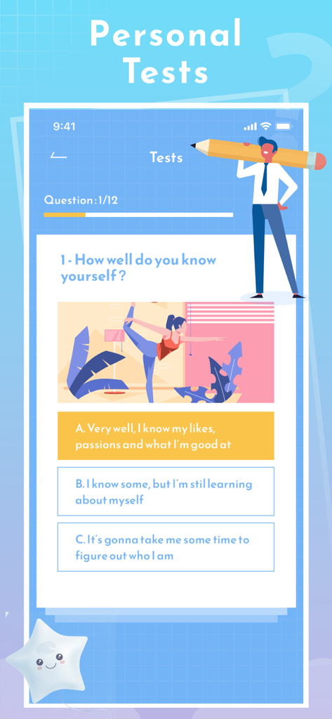Interfaz de aplicación móvil que muestra una prueba personal de autodescubrimiento con preguntas de opción múltiple.