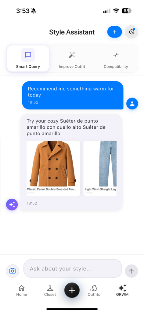 AI style assistant in GRWM Outfits app recommending clothes in a chat interface