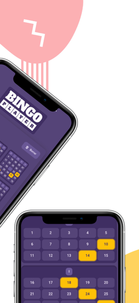 Bingo Player - Dos iPhones mostrando la interfaz de la aplicación Bingo Player para rastrear cartones de bingo físicos
