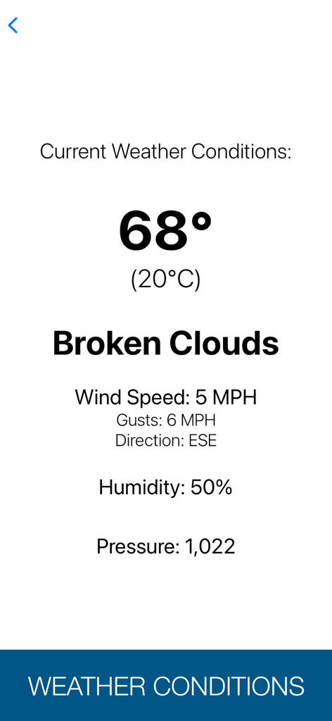 Tela de condições meteorológicas atuais no aplicativo Lightning Tracker Live mostrando temperatura, velocidade do vento e umidade