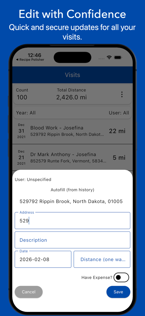 A smartphone interface showing the edit form for a medical visit with fields for address, date, and mileage tracking