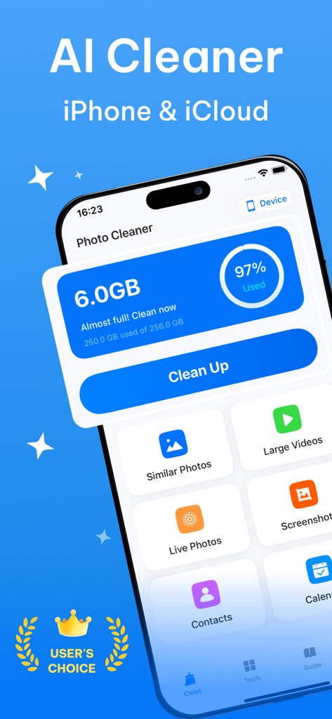 Photo Cleaner dashboard showing 97 percent storage usage and smart cleanup options for iPhone