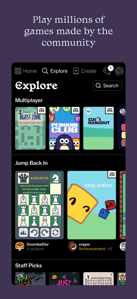 Castle - Make and Play - Castleアプリのエクスプロール画面。Blast ZoneやPenguin Clubなどのさまざまなユーザー生成ゲームが表示されています。