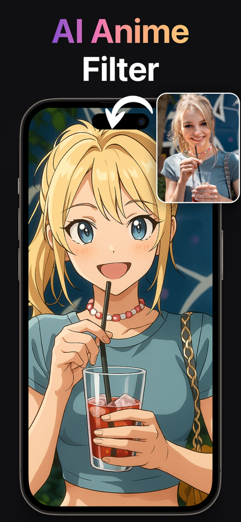 AI Video Generator + Creator - AI Anime Filter showing a real photo of a woman transformed into an anime character on a smartphone screen