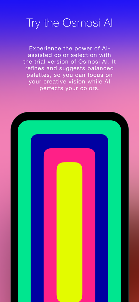 Color Wheel + Osmosi AI - AI支援カラー選択と鮮やかなパレット生成を示すモバイルインターフェース。