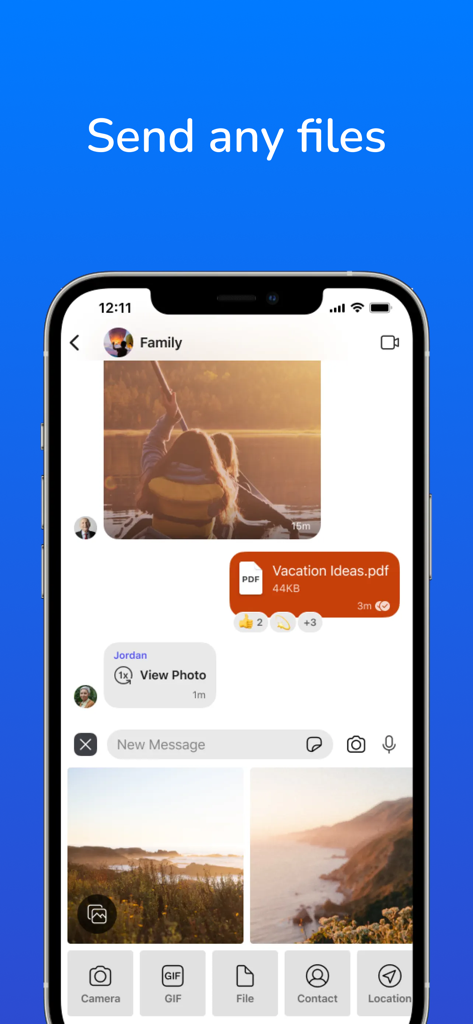 Link Messenger stories, calls - Link Messenger app interface showing a chat window with a shared photo and a PDF document