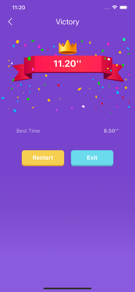 Victory screen of the Schulte Table app displaying a completion time of eleven point twenty seconds and a personal best record